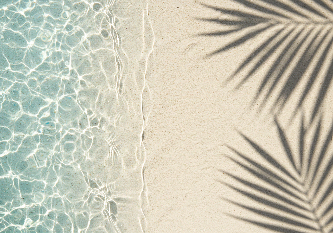 Sunny Beach with Palm Leaf Shadows and Clear Water