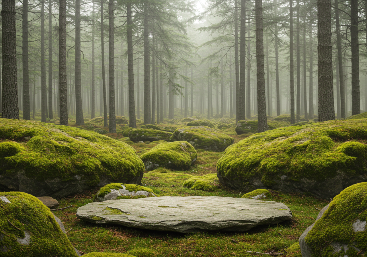 Misty Woodland with Mossy Boulders