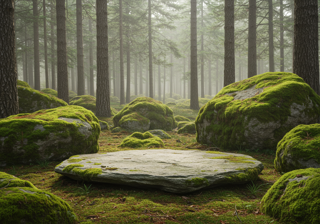 Moss-Covered Boulders in Misty Pine Forest