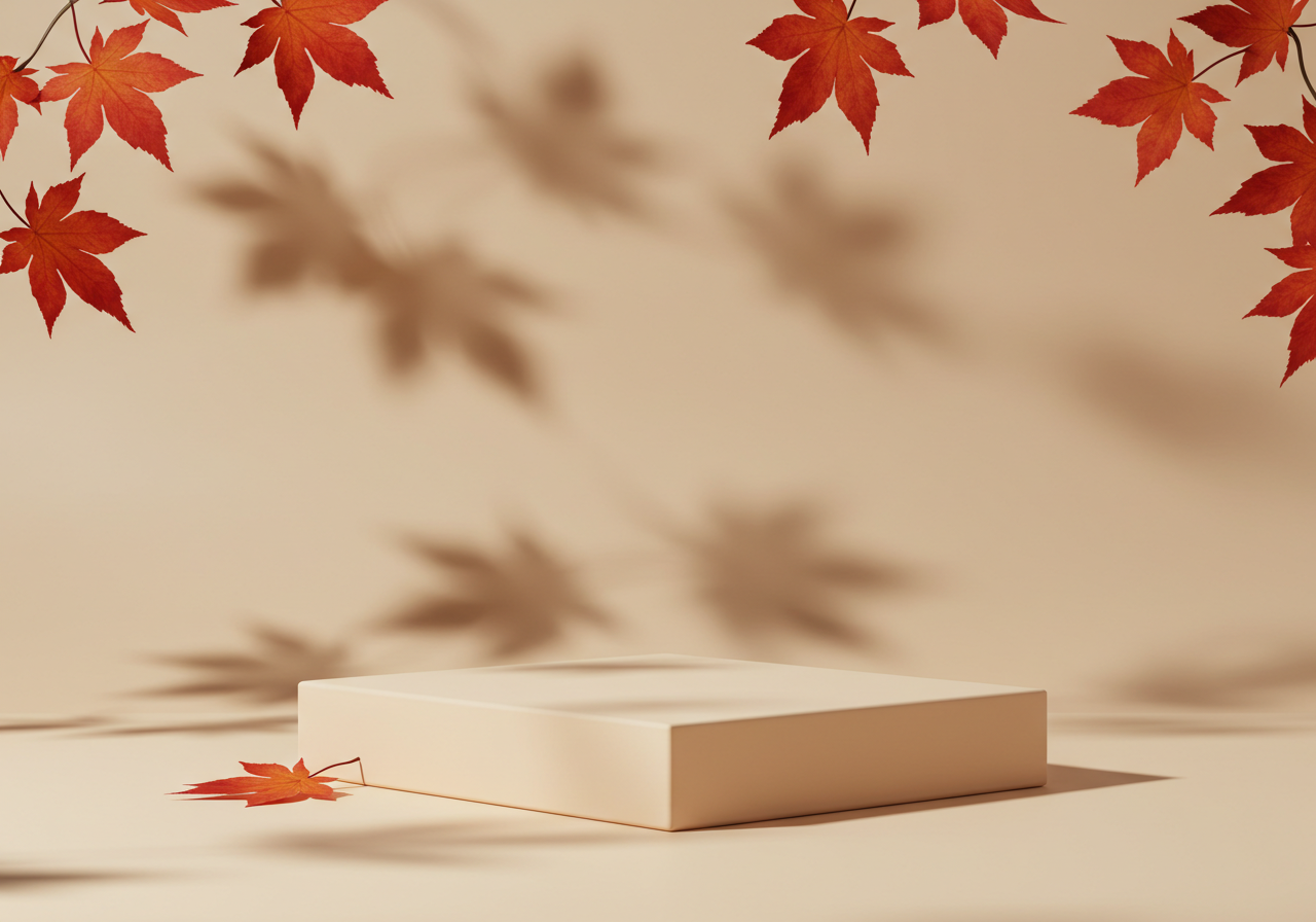 Autumn Maple Leaves with Shadow and Beige Podium Display