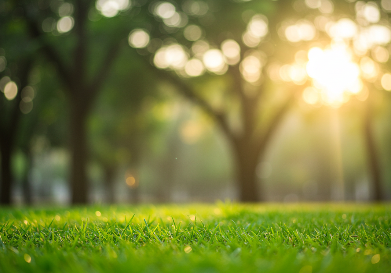 Sunlit Green Lawn with Trees in Background