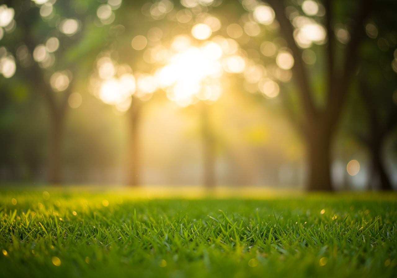 Sunlit Park with Glowing Green Grass and Trees
