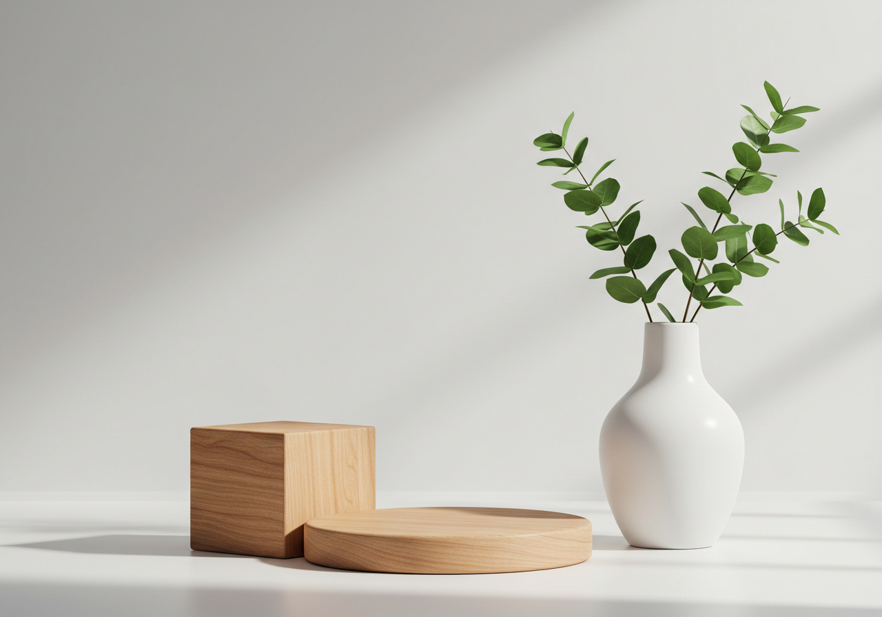 Minimalist Vase with Eucalyptus and Wooden Shapes in Sunlight