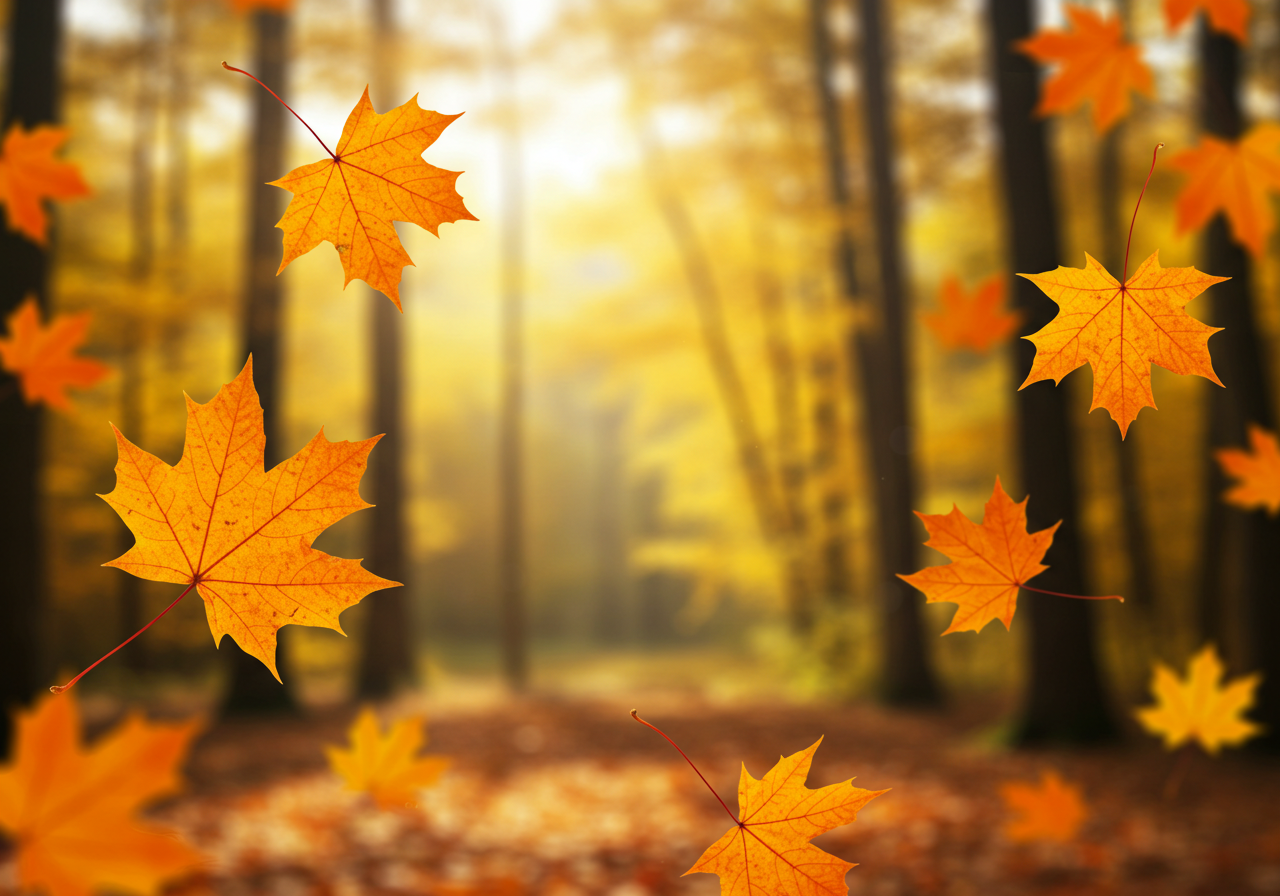 Autumn Leaves Falling in Forest with Sunlight