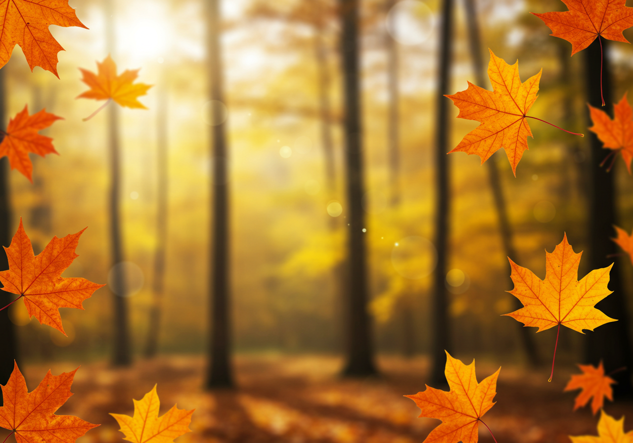 Autumn Forest with Falling Maple Leaves