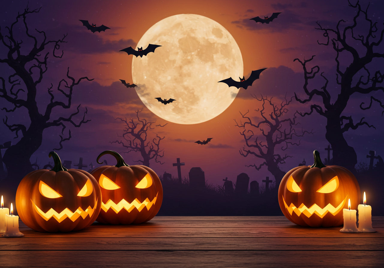 Halloween Night with Jack-o'-Lanterns and Full Moon