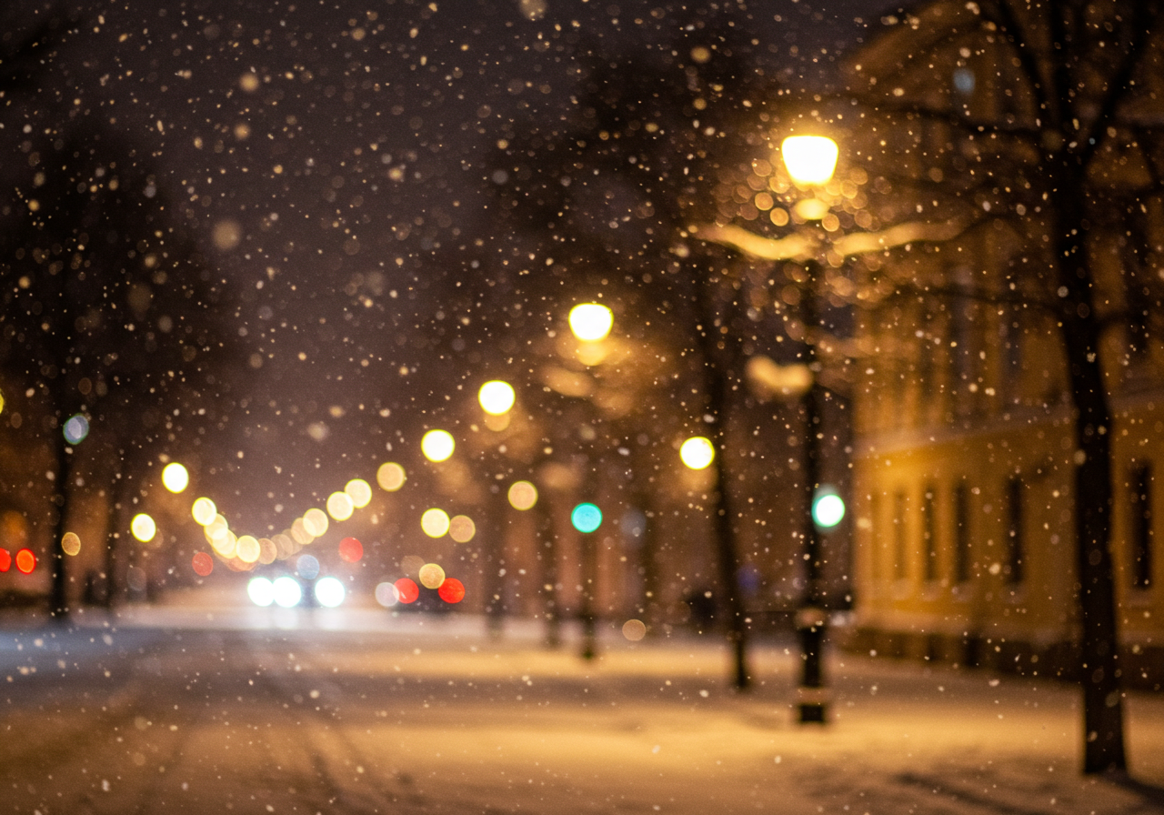 Winter Night Snowfall on City Street with Lights