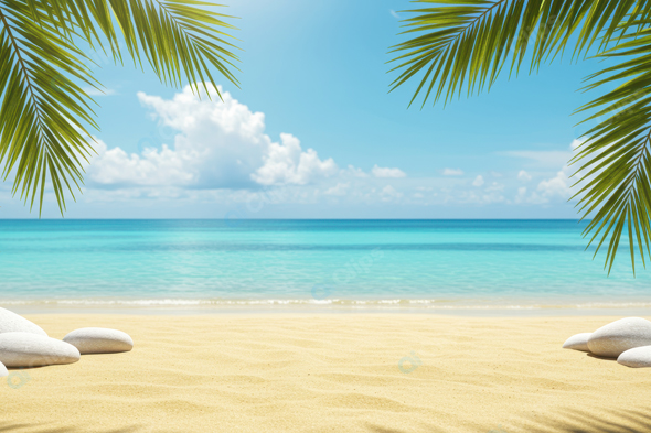 Tropical Beach with Palm Leaves and Ocean View