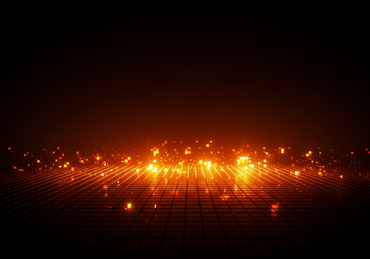 Glowing Digital Grid with Orange Light Particles