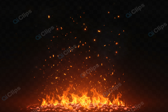 Burning Fire with Glowing Embers on Dark Background