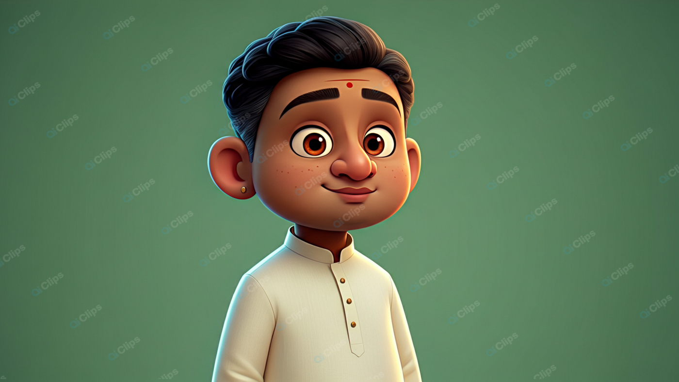 Young Animated Boy in Traditional Outfit on Green Background