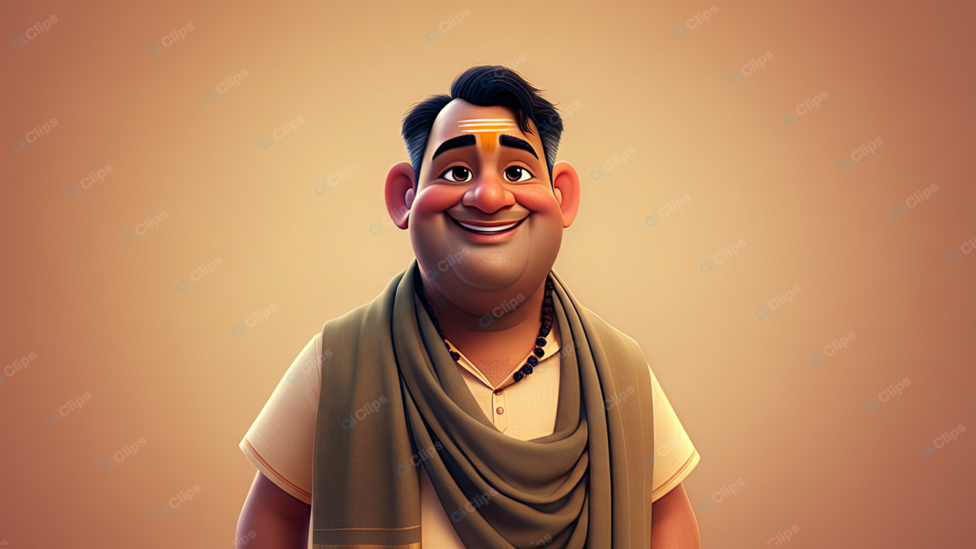 Friendly Cartoon Character with Traditional Scarf and Necklace