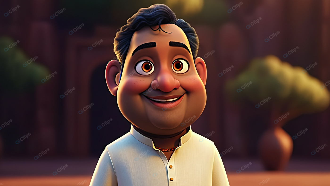 Smiling Cartoon Character in Traditional Outfit