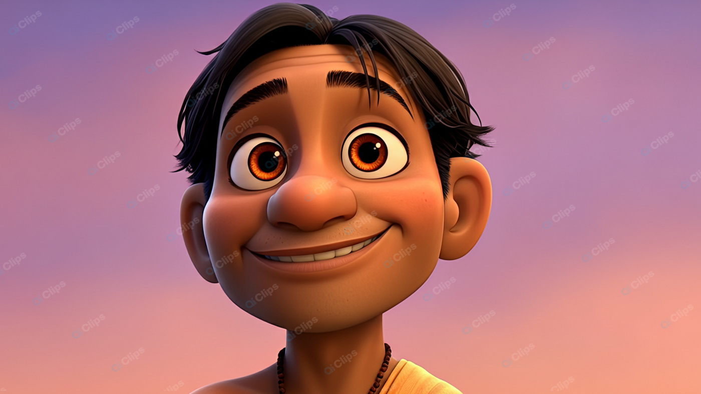 Animated Smiling Character Against Sunset Background