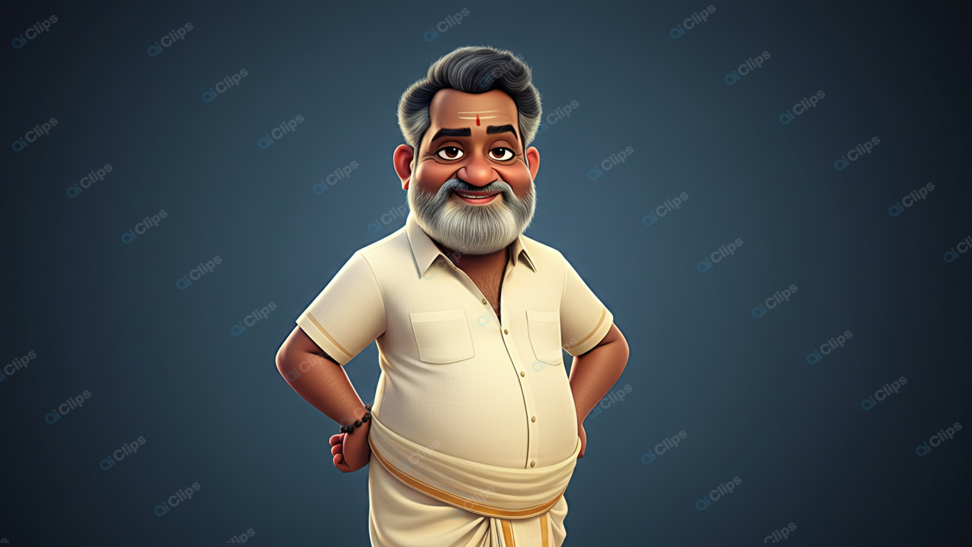 Elderly Cartoon Man with Traditional Attire and Beard