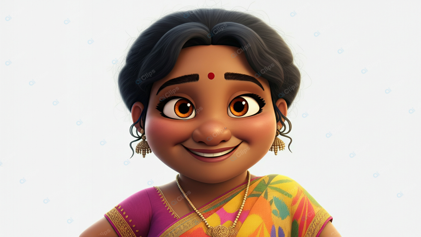 Animated Woman in Traditional Colorful Saree with Jewelry