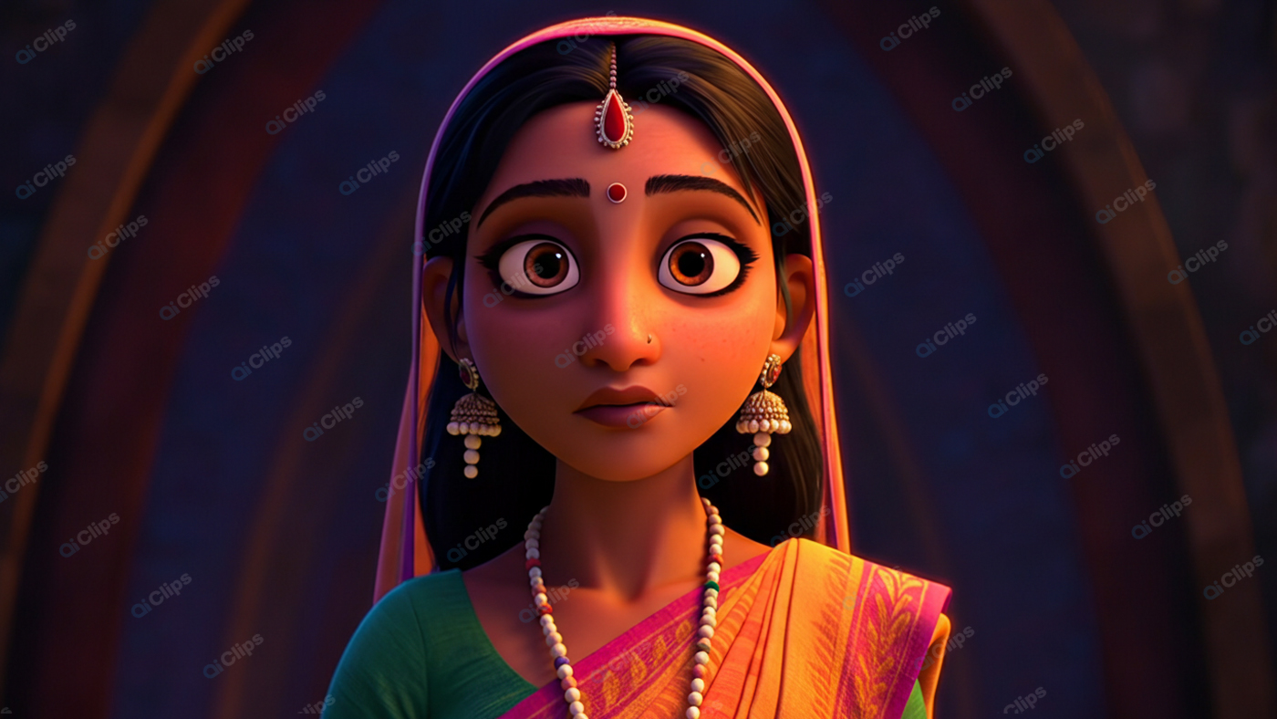 Traditional Animated Character with Jewelry and Sari