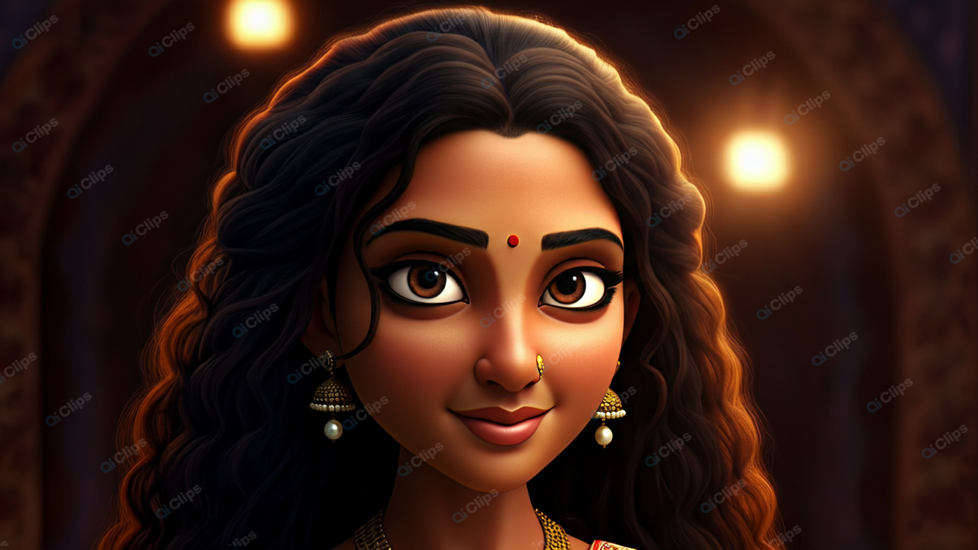 Animated Woman with Traditional Jewelry and Bindi in Warm Lighting