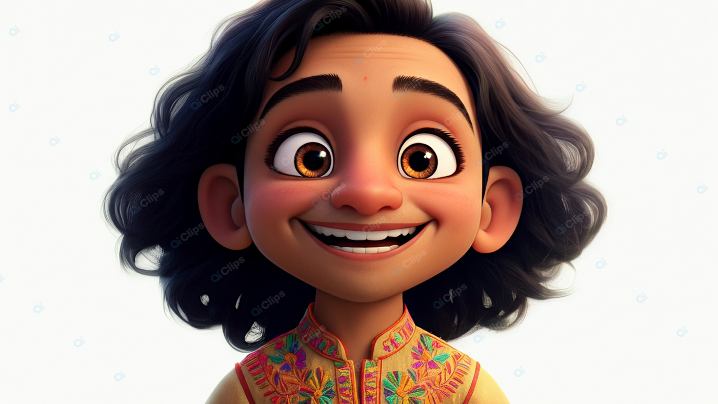Childlike Animated Character with Embroidered Outfit and Curly Hair