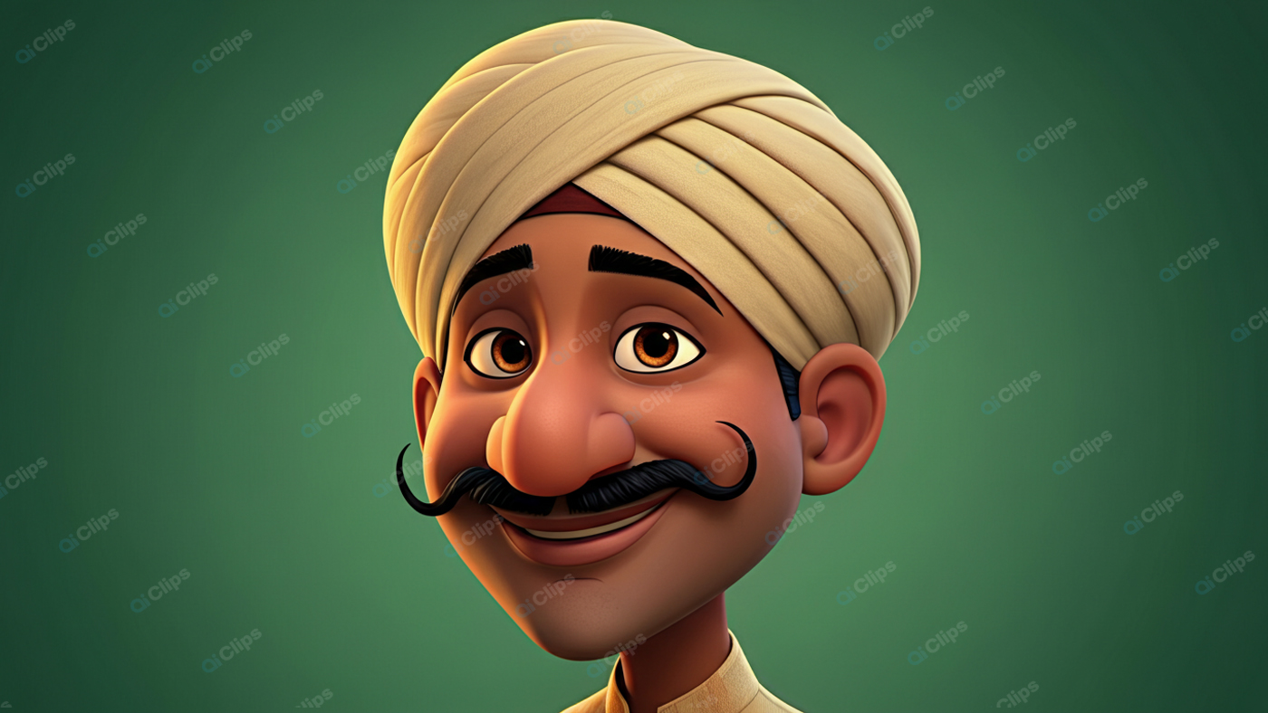 Turbaned Cartoon Character with Mustache and Smile on Green Background