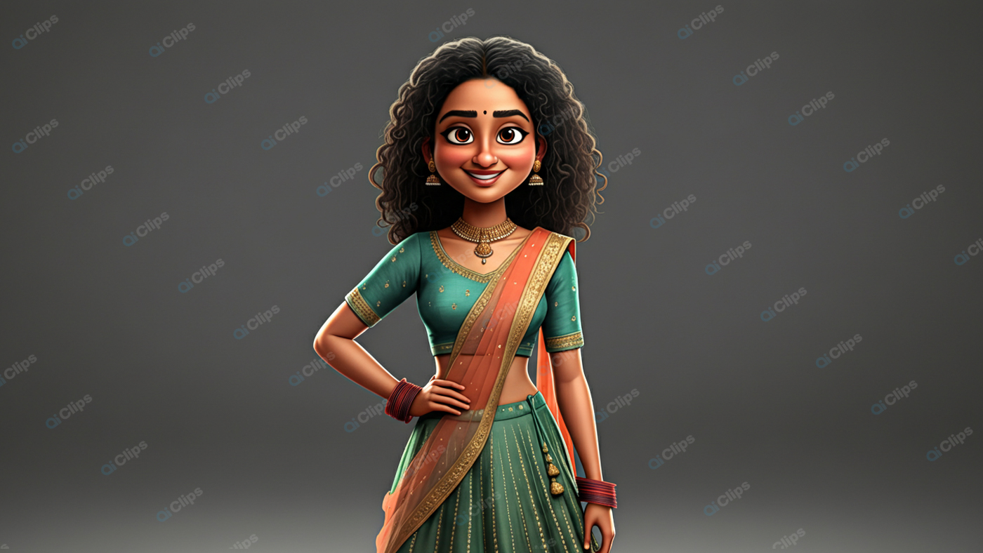 Traditional Indian Animation Character in Elegant Attire