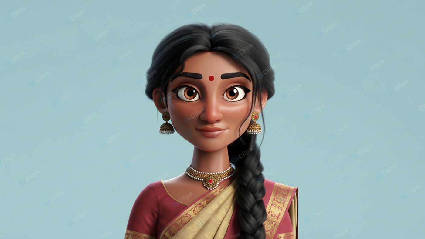 Traditional Animated Woman in Indian Saree with Jewelry