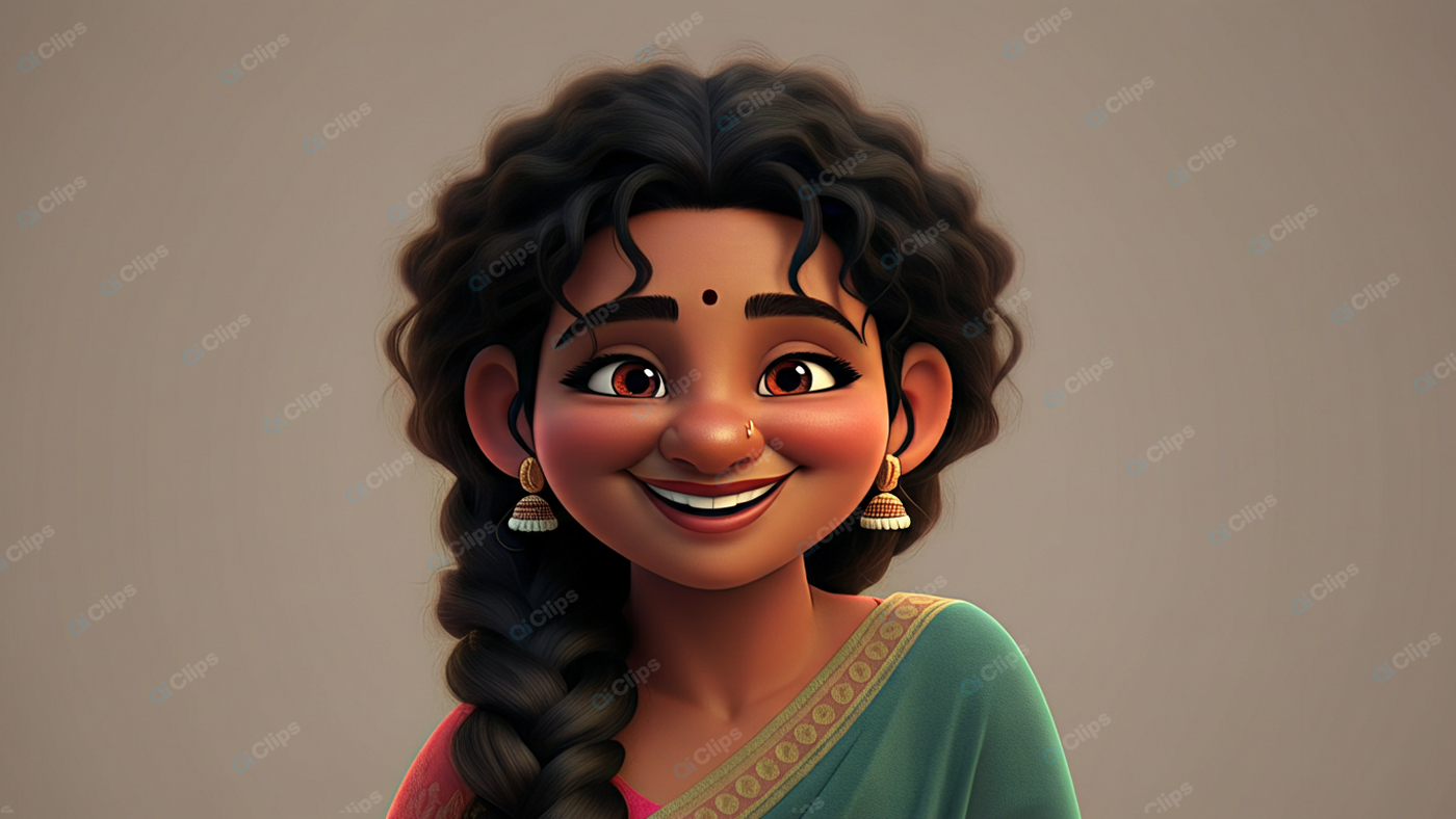 Animated Traditional Woman Smiling in Sari and Earrings