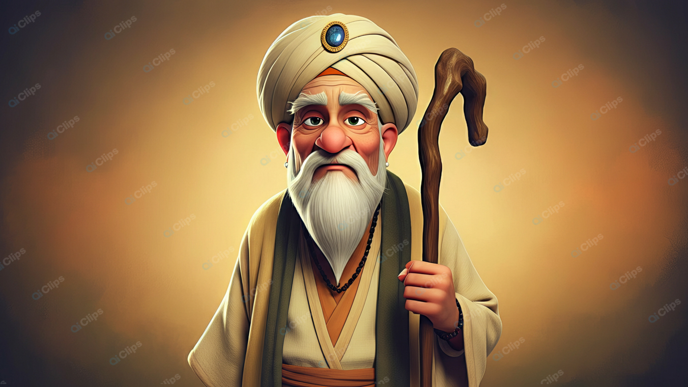 Wise Elderly Man with Turban and Staff Portrait