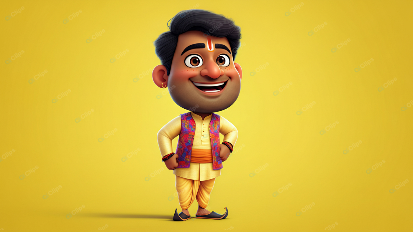 Cartoon Character in Traditional Indian Attire on Yellow Background