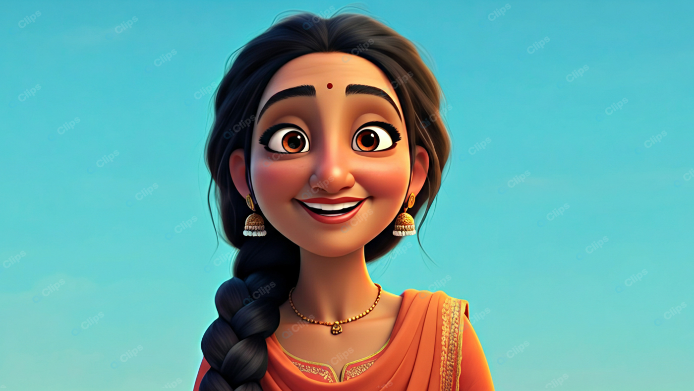 Animated Woman with Braided Hair and Indian Attire Smiling