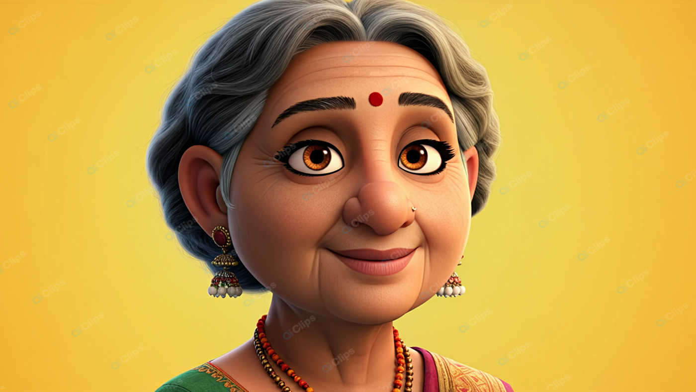 Elderly Indian Woman Animated Portrait with Jewelry