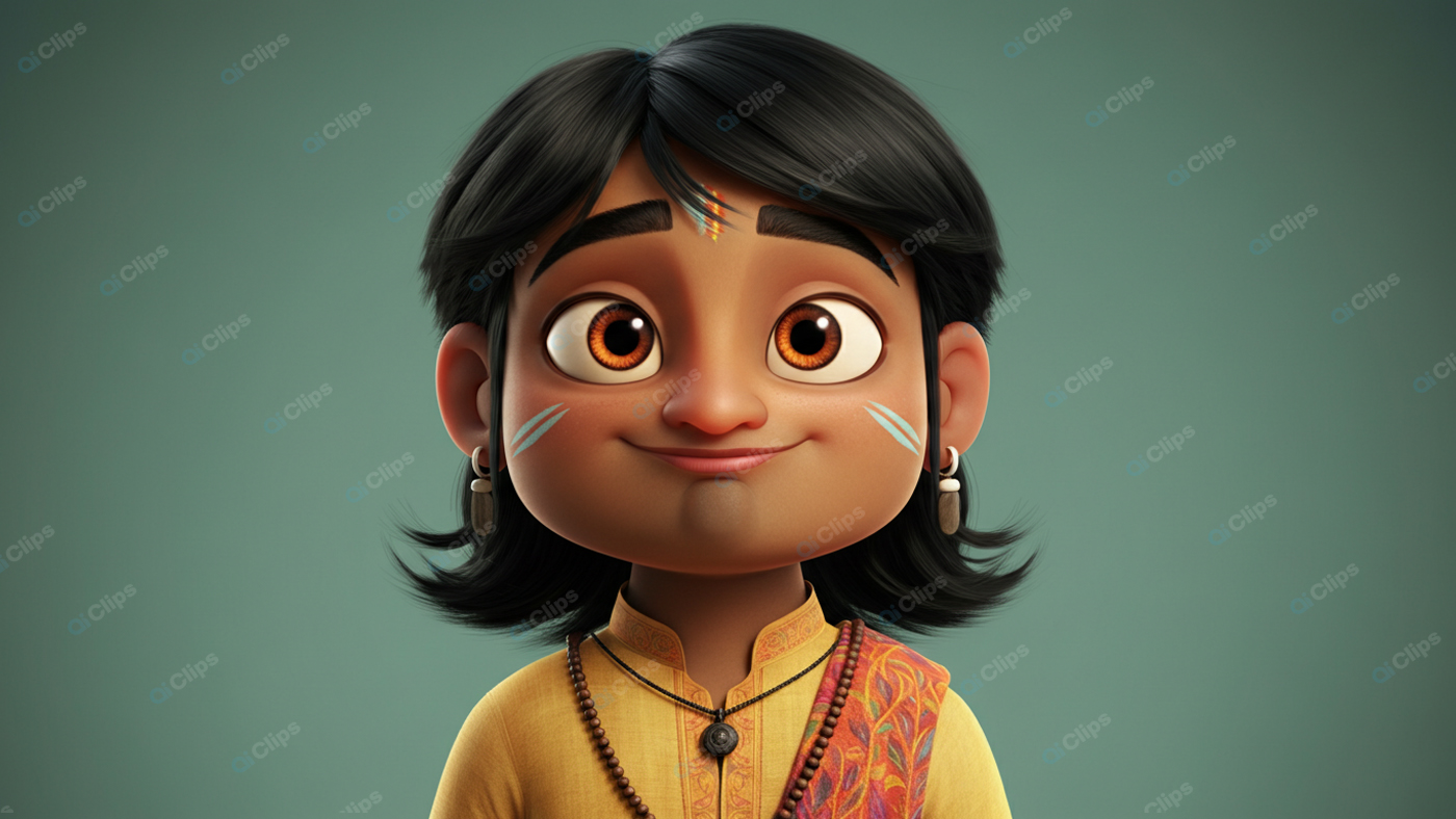 Cute Animated Child in Traditional Indian Attire