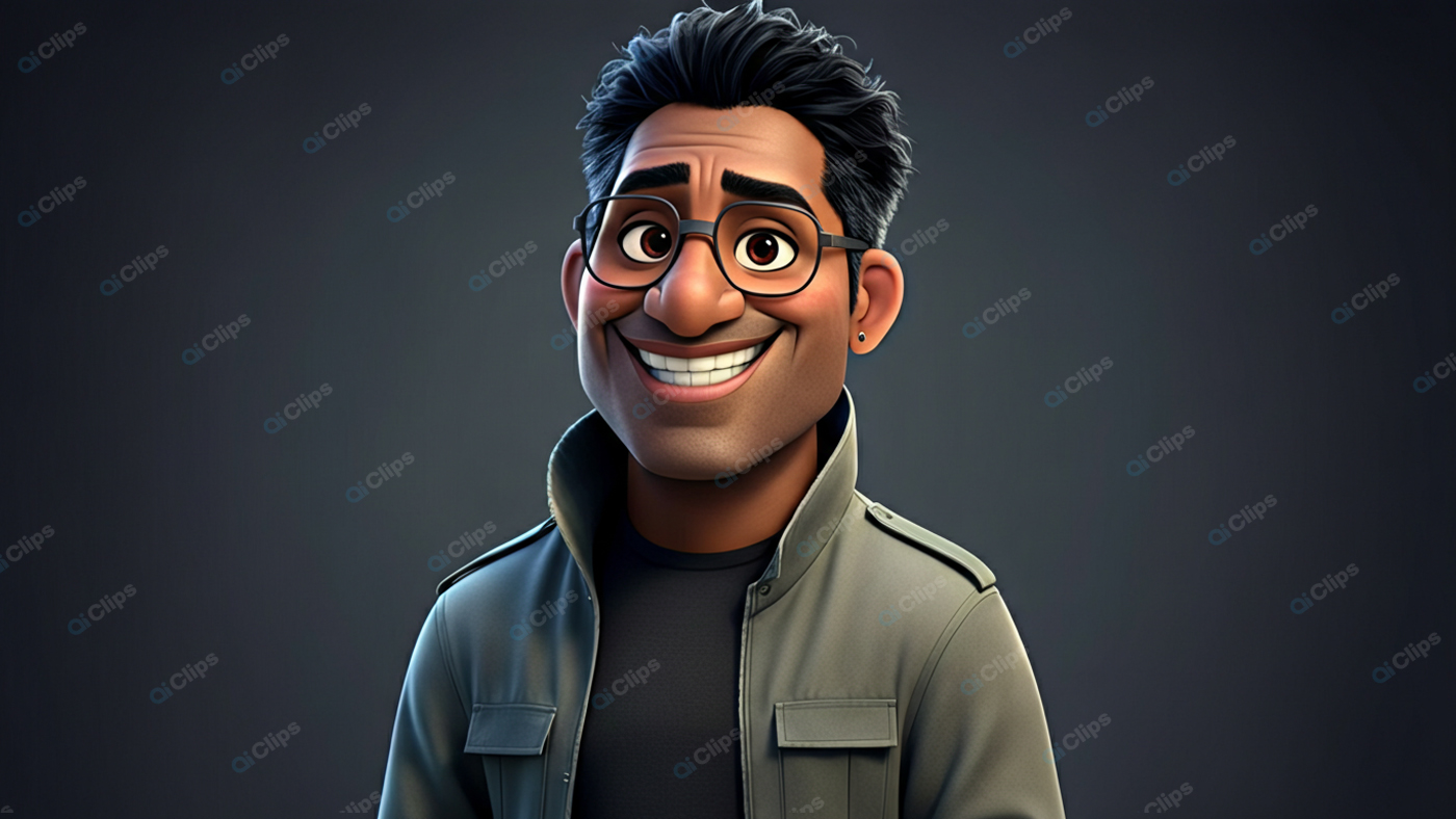 Animated Character with Glasses and Big Smile in Stylish Jacket