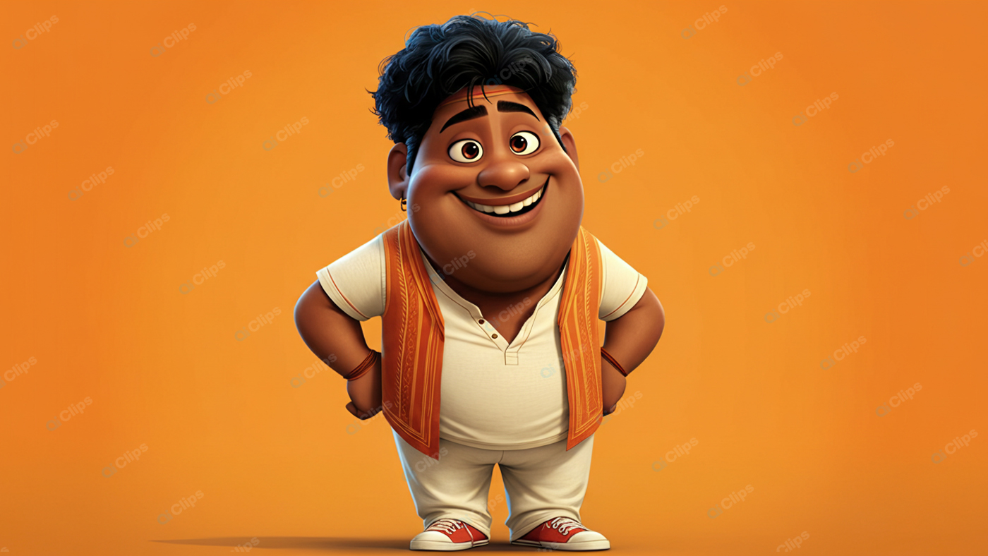 Smiling Cartoon Character in Colorful Outfit on Orange Background