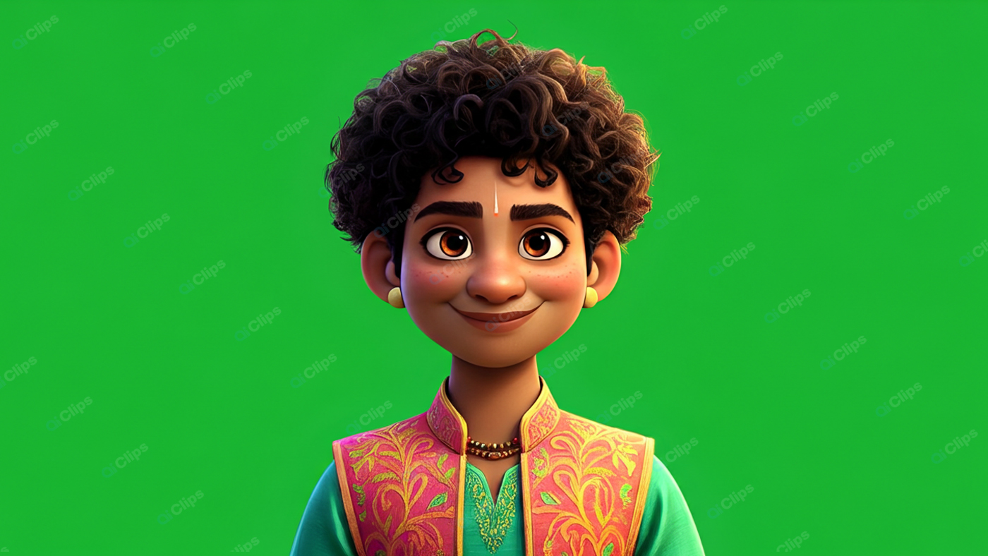 Animated Character with Traditional Attire on Green Background