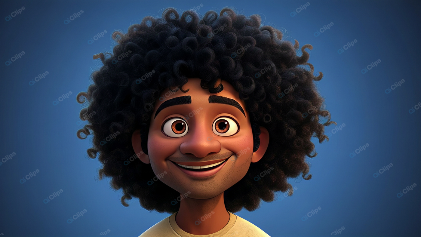 Animated Character with Curly Hair on Blue Background