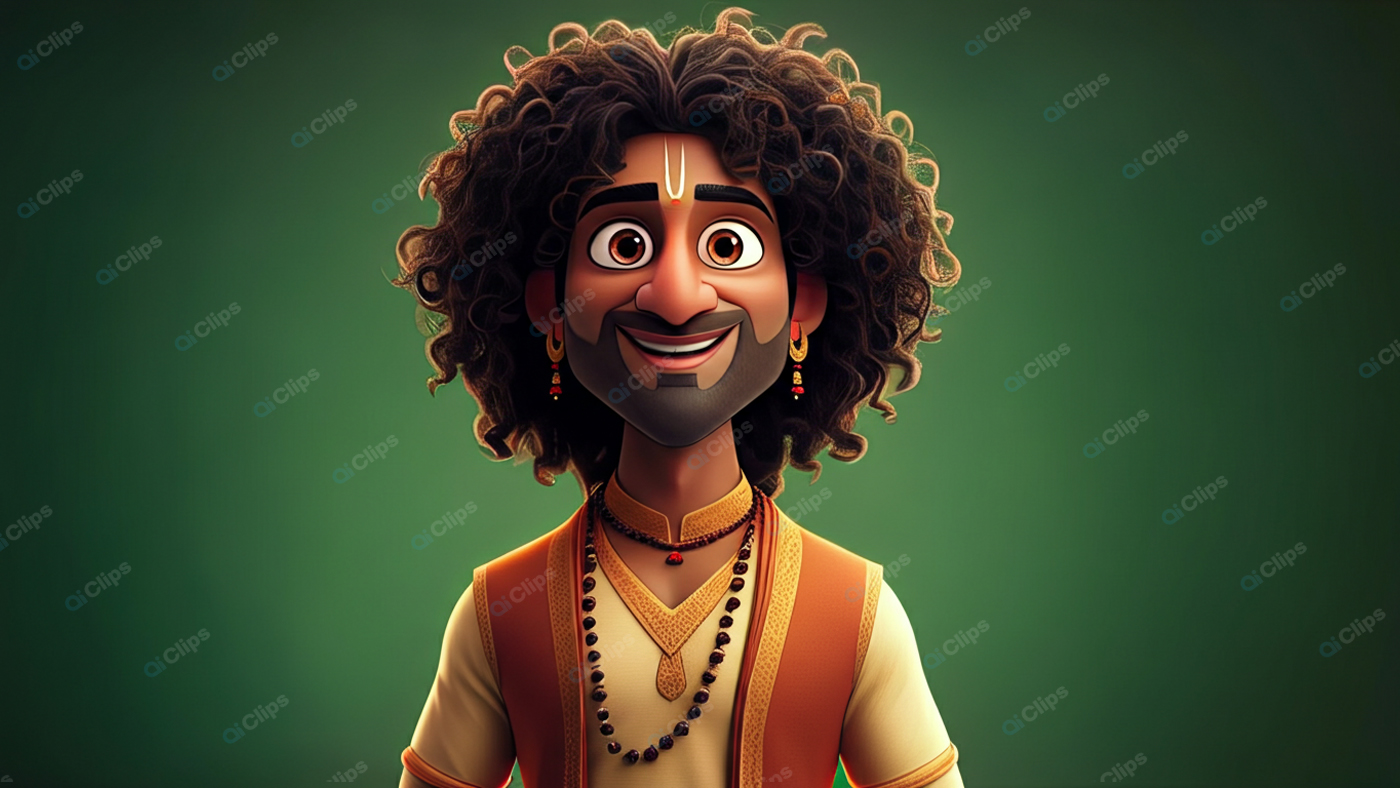 Traditional Animated Character with Curly Hair and Jewelry