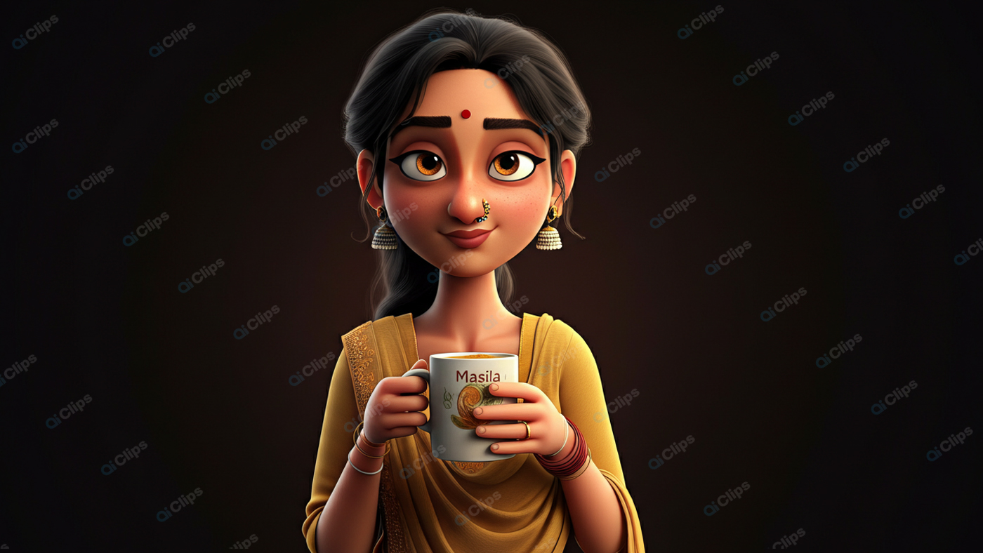 Animated Woman Sipping Tea in Traditional Attire