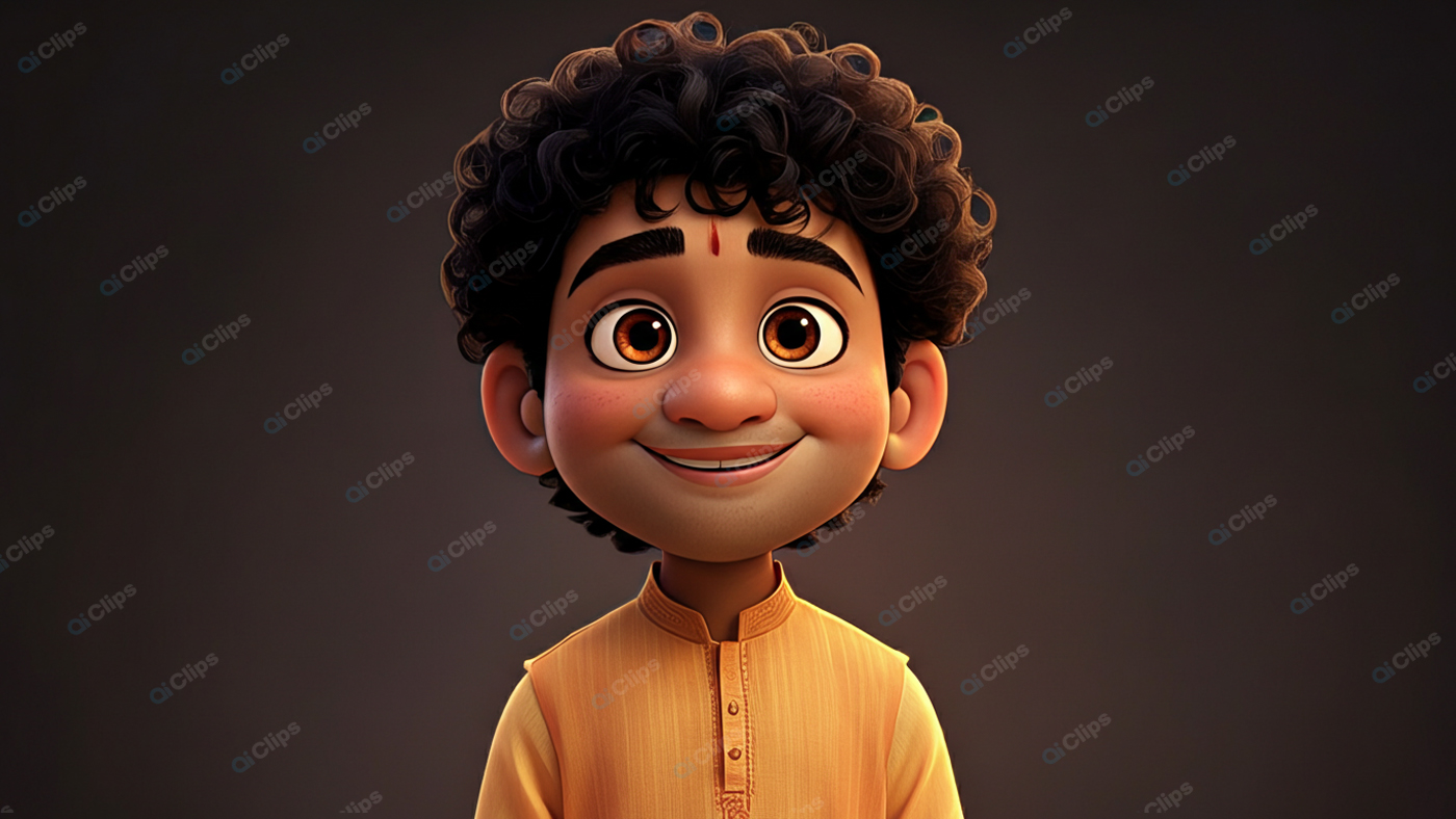 Happy Animated Boy with Curly Hair in Traditional Outfit