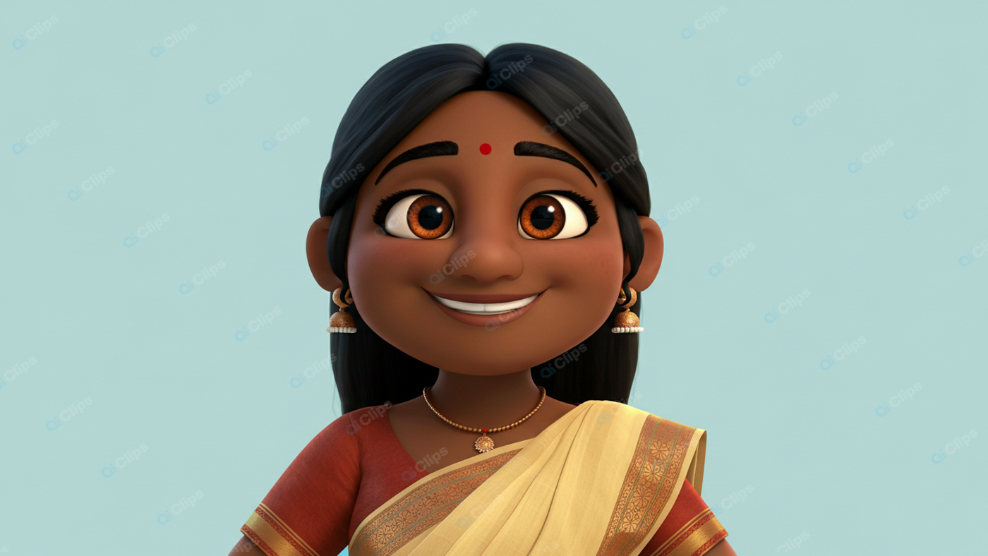 Animated Character in Traditional Saree with Earrings and Bindi