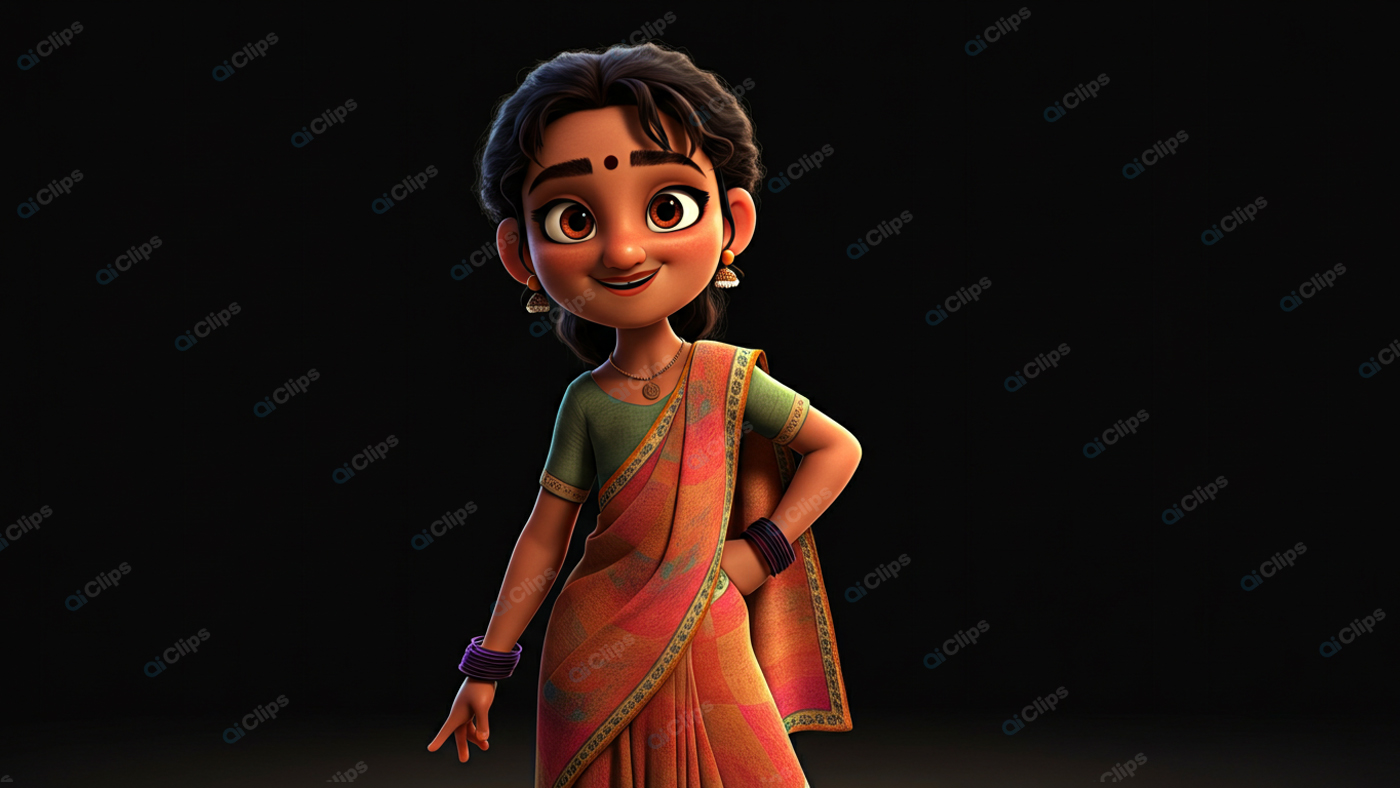 3D Animated Woman in Traditional Indian Attire on Black Background