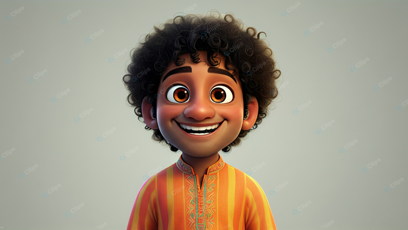 Smiling Animated Character with Curly Hair in Colorful Traditional Outfit