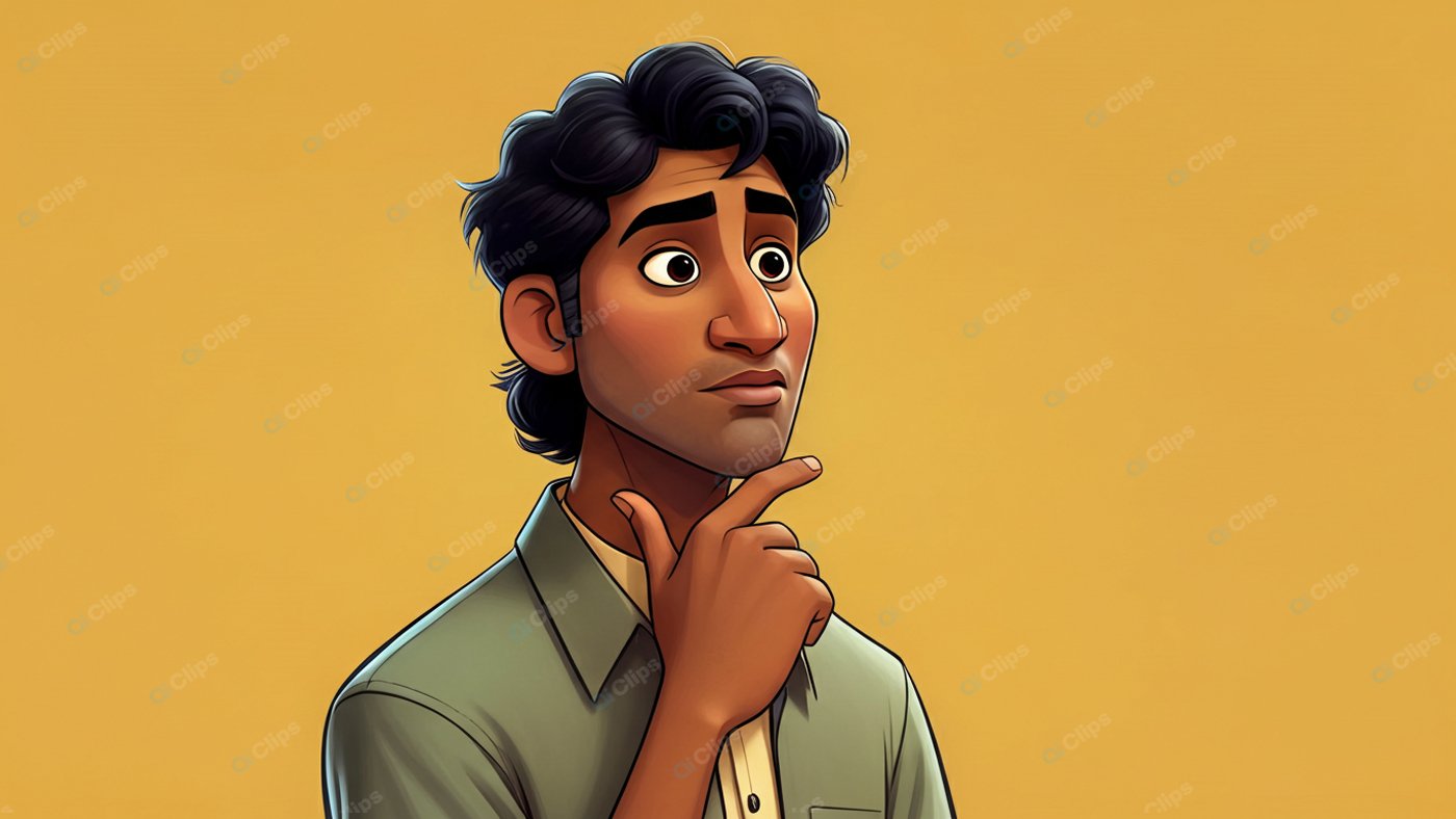 Animated Thoughtful Man with Curly Hair on Yellow Background