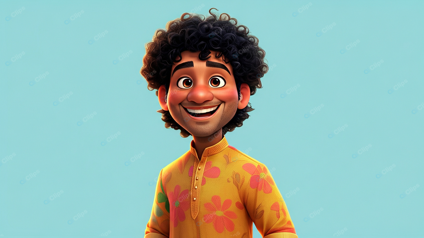Smiling Animated Character in Floral Kurta Illustration