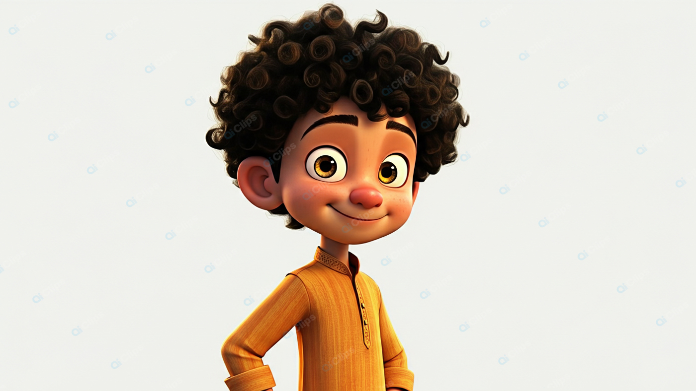 Animated Boy with Curly Hair in Traditional Orange Outfit
