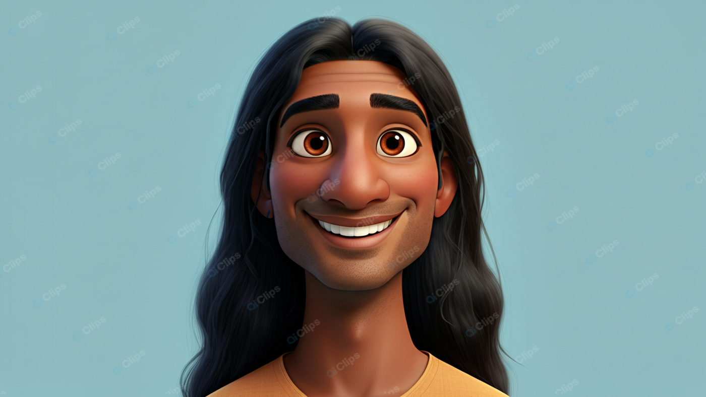 Smiling Animated Character with Long Hair on Blue Background