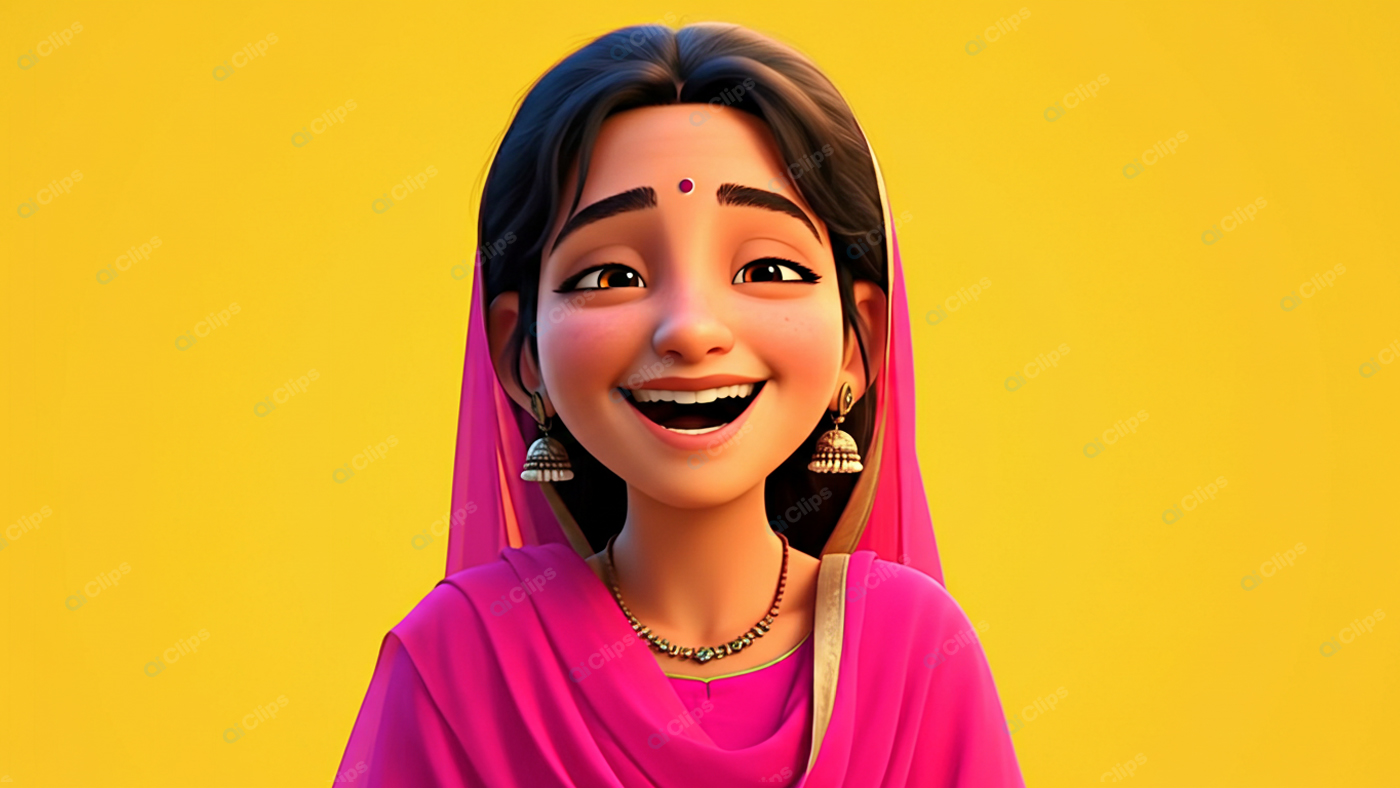 Cheerful Animated Girl in Pink Traditional Dress Against Yellow Background