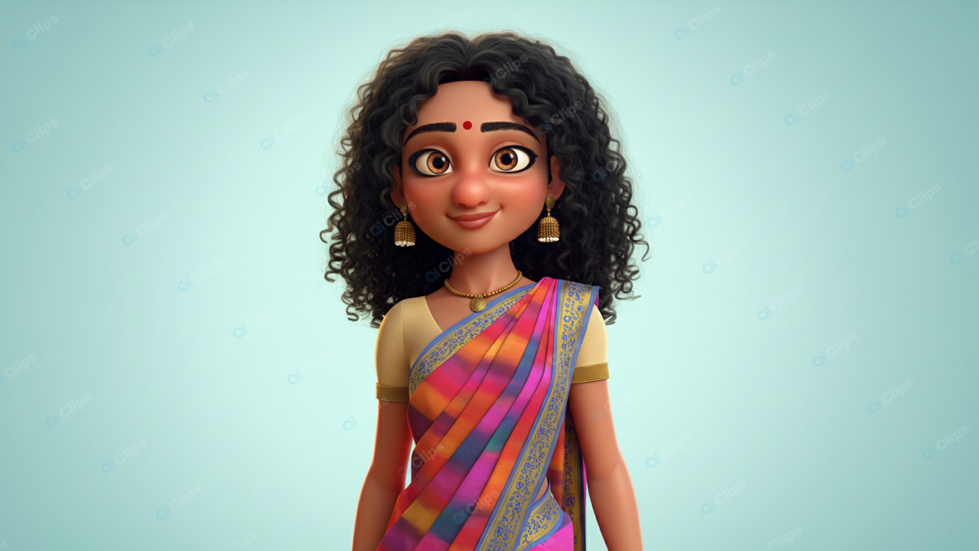 Animated Character in Colorful Sari with Curly Hair