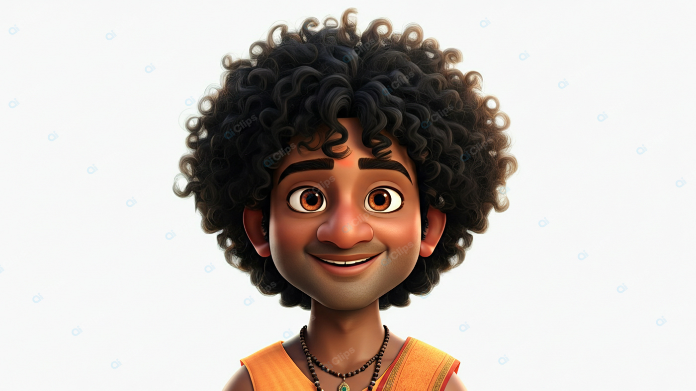 Animated Character with Curly Hair and Vibrant Smile