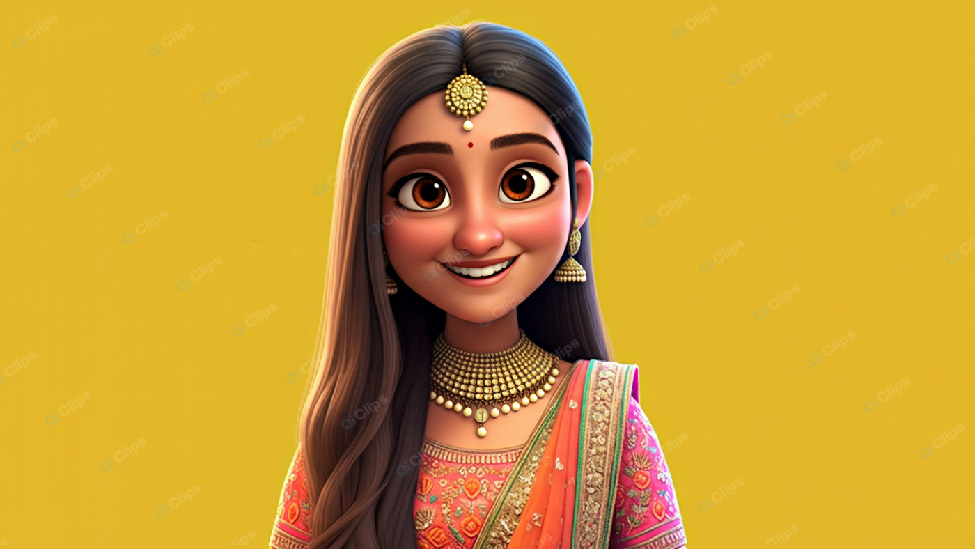 Traditional Animated Character with Jewelry on Yellow Background